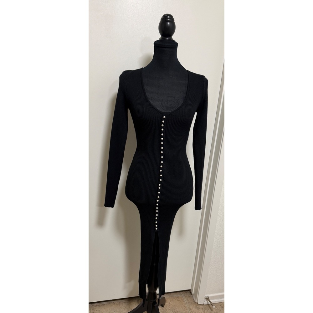 Windsor Black Ribbed Knit Faux Pearl Buttons Midi Dress Long Sleeve Small Fitted